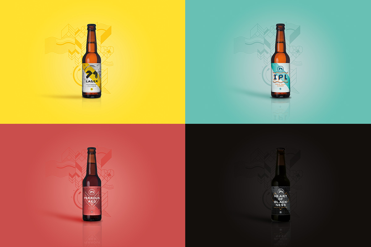 Four bottles of beer on coloured backgrouds matching their label colours.