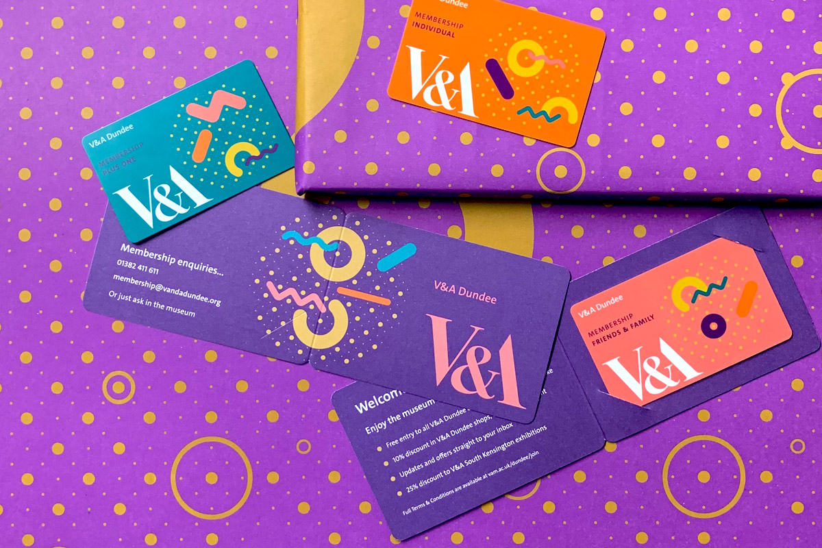 Purple wrapping paper with patterns and layouts of chunky lines and dots.