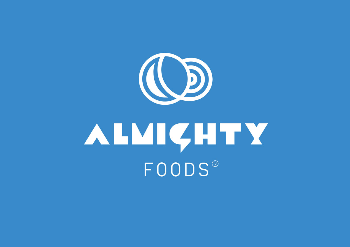 Almighty Foods logo on a blue background.
