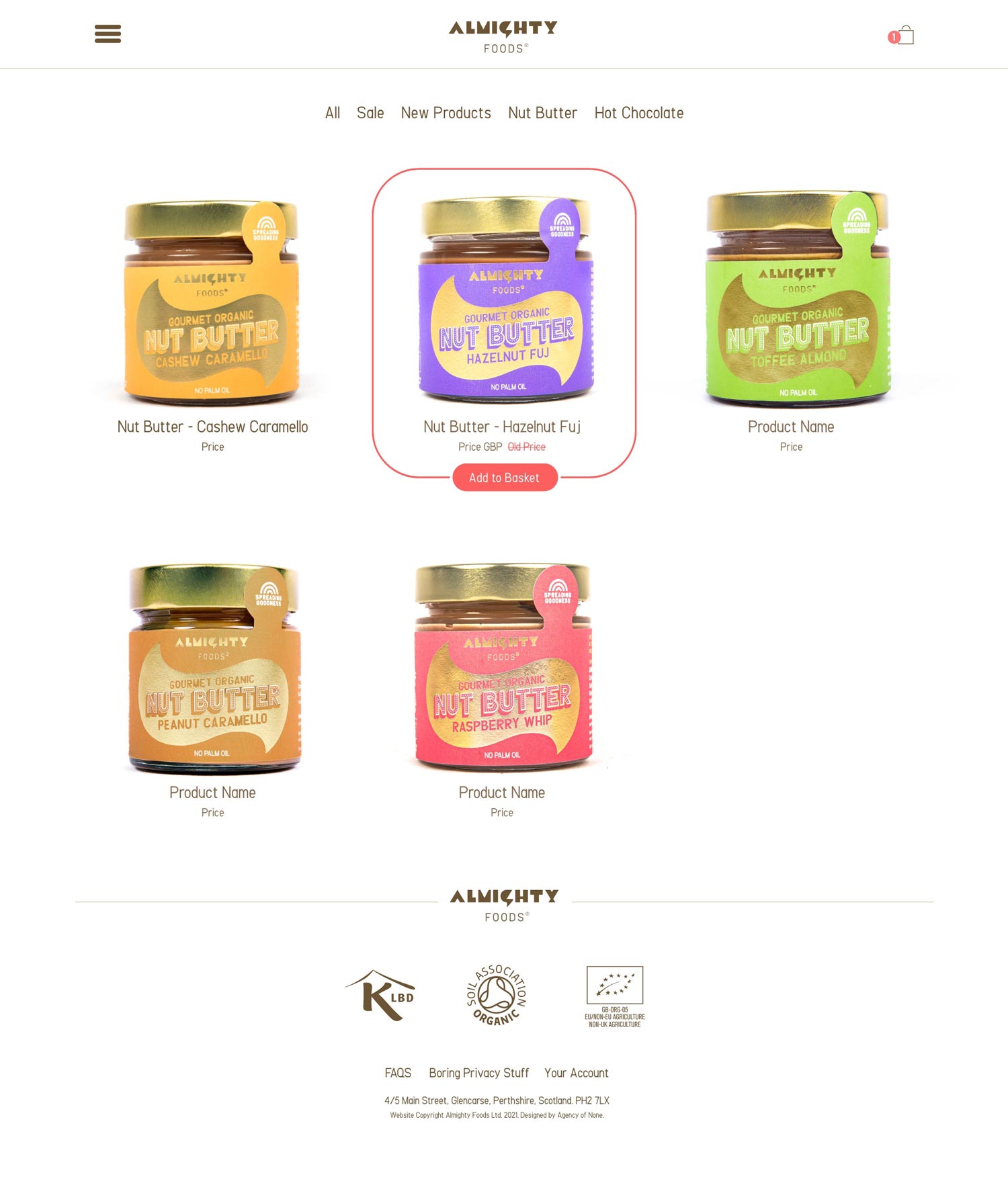 Shop page from the webiste showing the colourful range of nut butter products. 