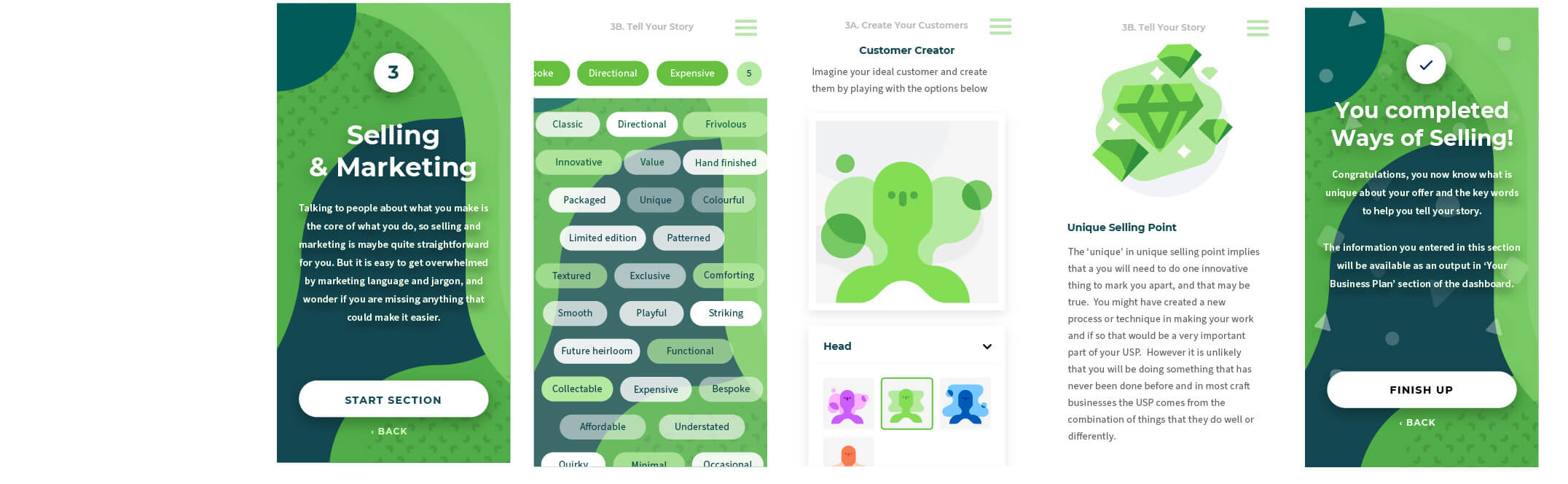 Screenshots of a green mobile interface for a learning platform.