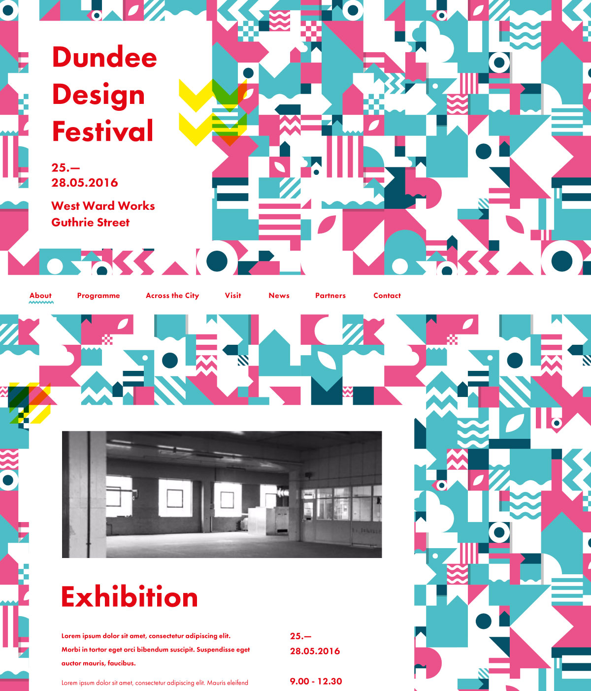 Dundee Design Festival 2016 website content sits ontop of a bold pink and blue patterned background.
