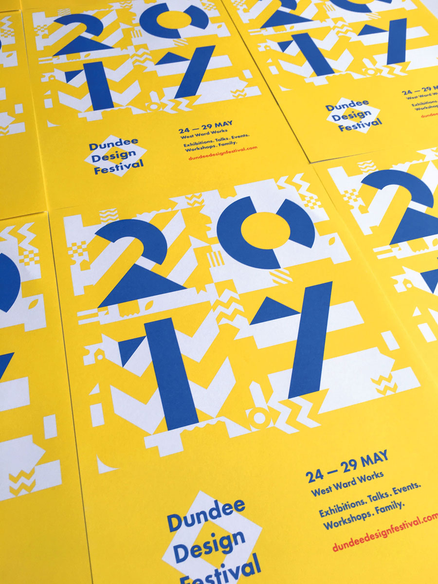 A grid of yellow poster with blue type advertising the 2017 Dundee Design Festival.