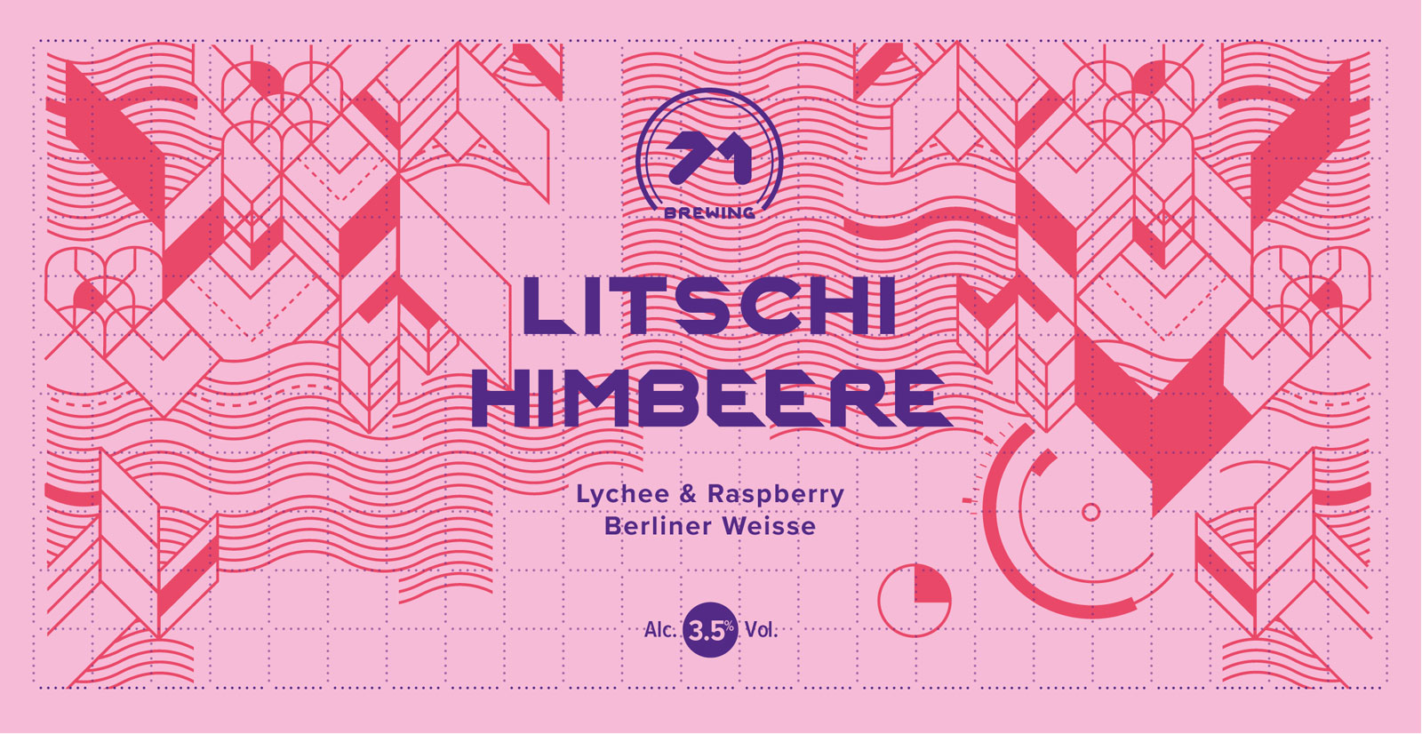 Label for Litschi Himbeere a lychee and raspberry Berliner weisse beer. Deep purple logo and typography ontop of a pink geometric pattern and pale pink background.