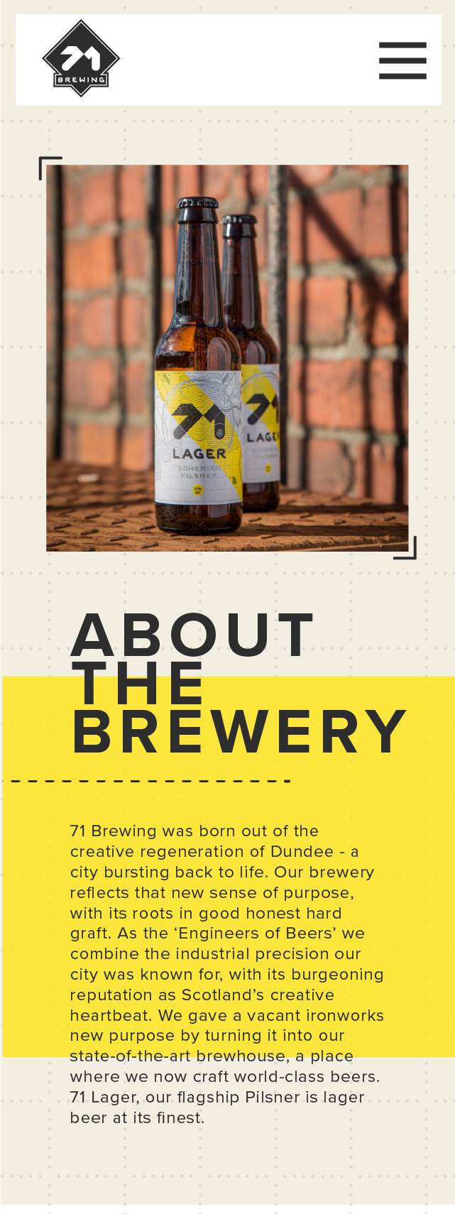 Mobile view of the about page of the 71 website. Two bottles of beer enjoying the sunshine with text about the company underneath.