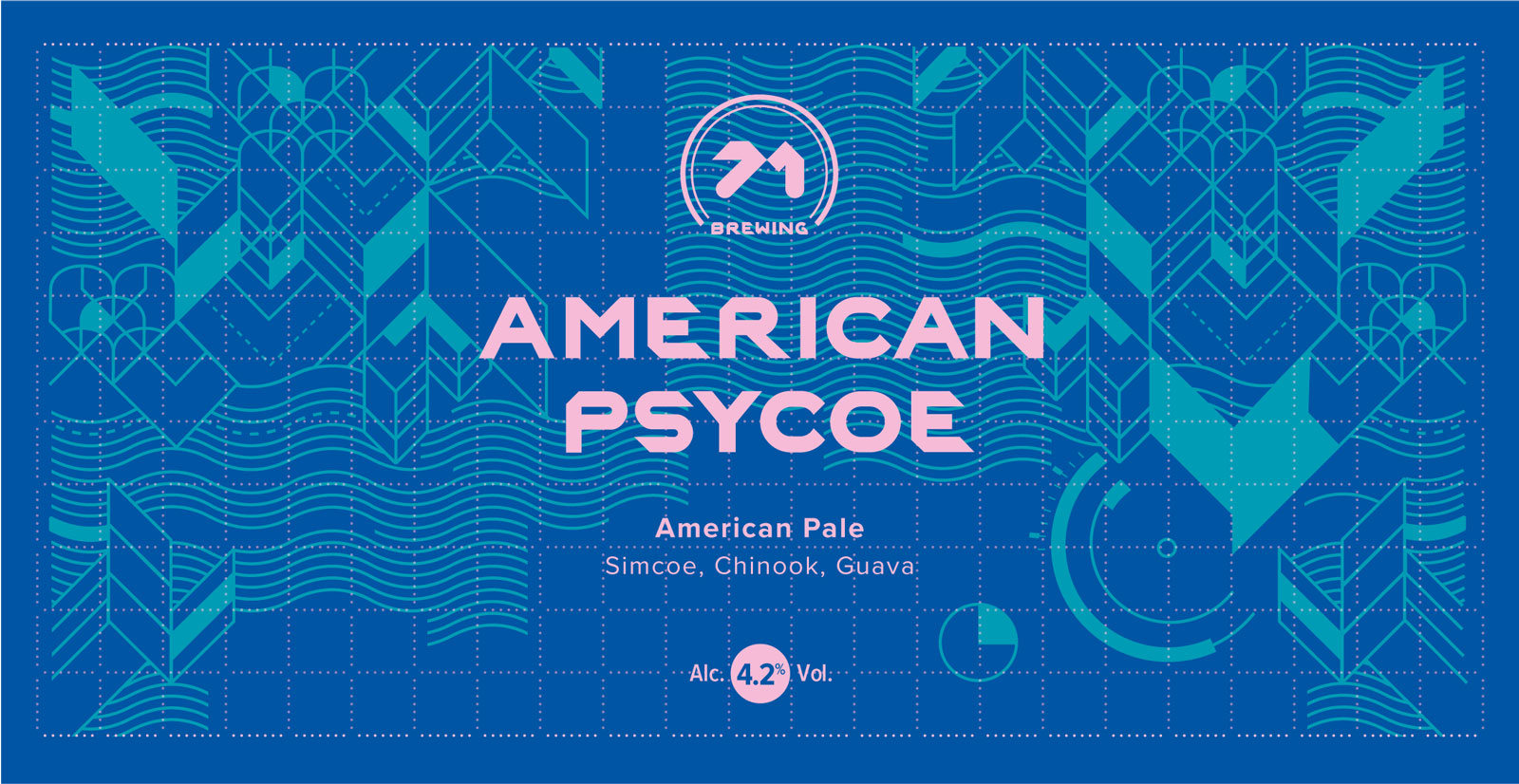 Label for American Psycoe American Pale beer. Pink logo and typography ontop of a pale blue geometric pattern and deeper blue background.