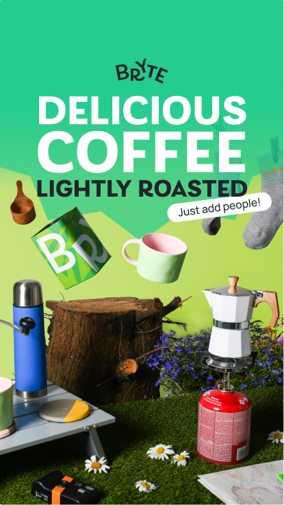 Bryte outdoor camping scene with moka pot, mugs and flowers under ‘Delicious Coffee Lightly Roasted’ headline.