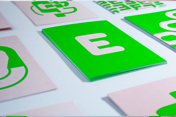 Rounded E character on green flyer.