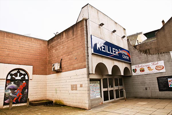 Exterior of the Keiller Centre shopping centre on a grey day.
