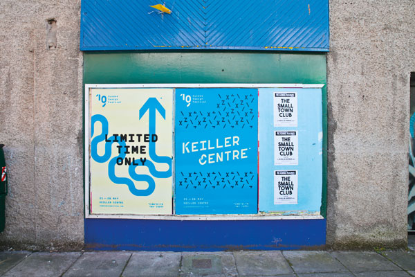 Typographic posters for the Dundee Design Festival 2019 in situ on the street.