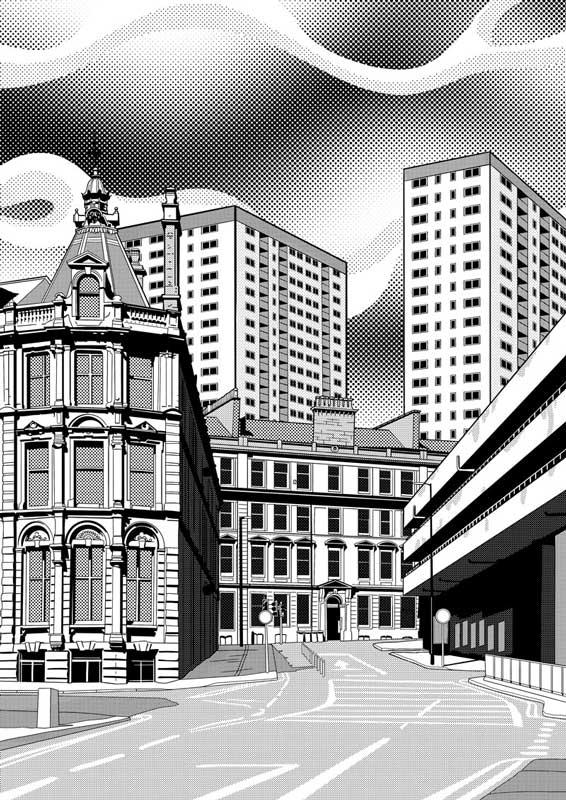 Graphic illustration of the Hilltown Mulistoreys in Dundee.