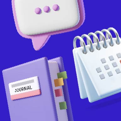 3D renders of a cute calendar, messaging icon and journal.