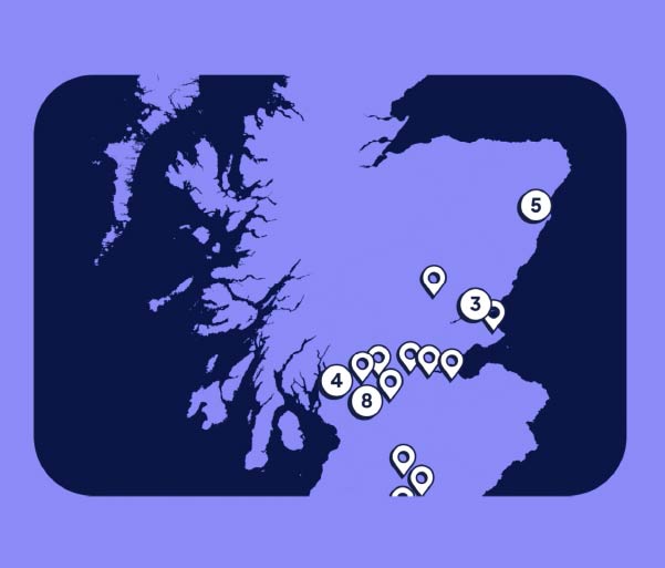 Map of Scotland with pins of school locations.