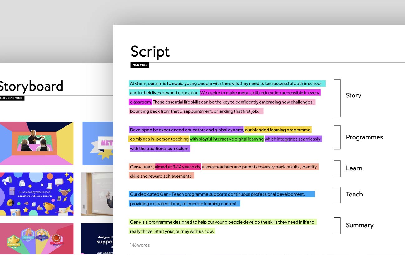 A script for a video piece with sections highlighted in many different colours.