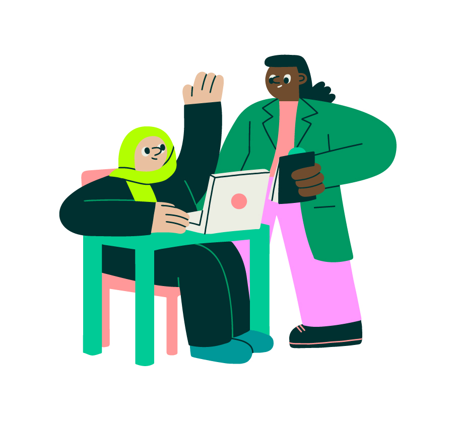 Bright and colourful illustration shows a woman sitting at a laptop with a hand raised and another woman with a clipboard approaching.