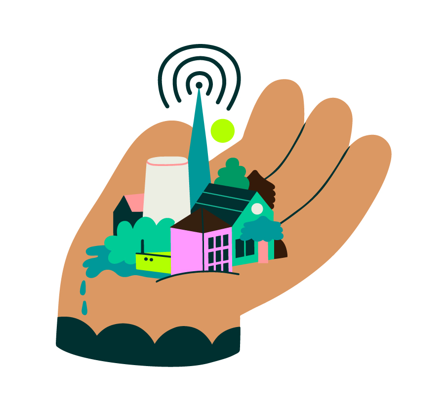 A small illustrated town scape with transmitting tower sits in the palm of a large hand.