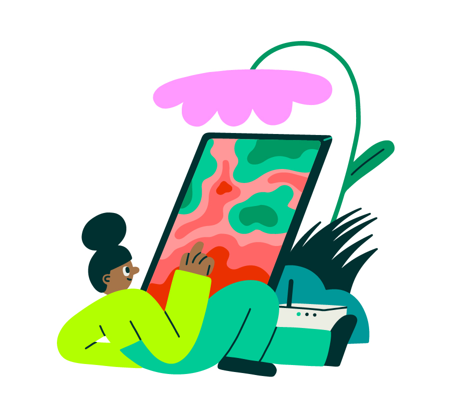 An illustrated woman sits under a giant flower interacting with an equally giant tablet device.